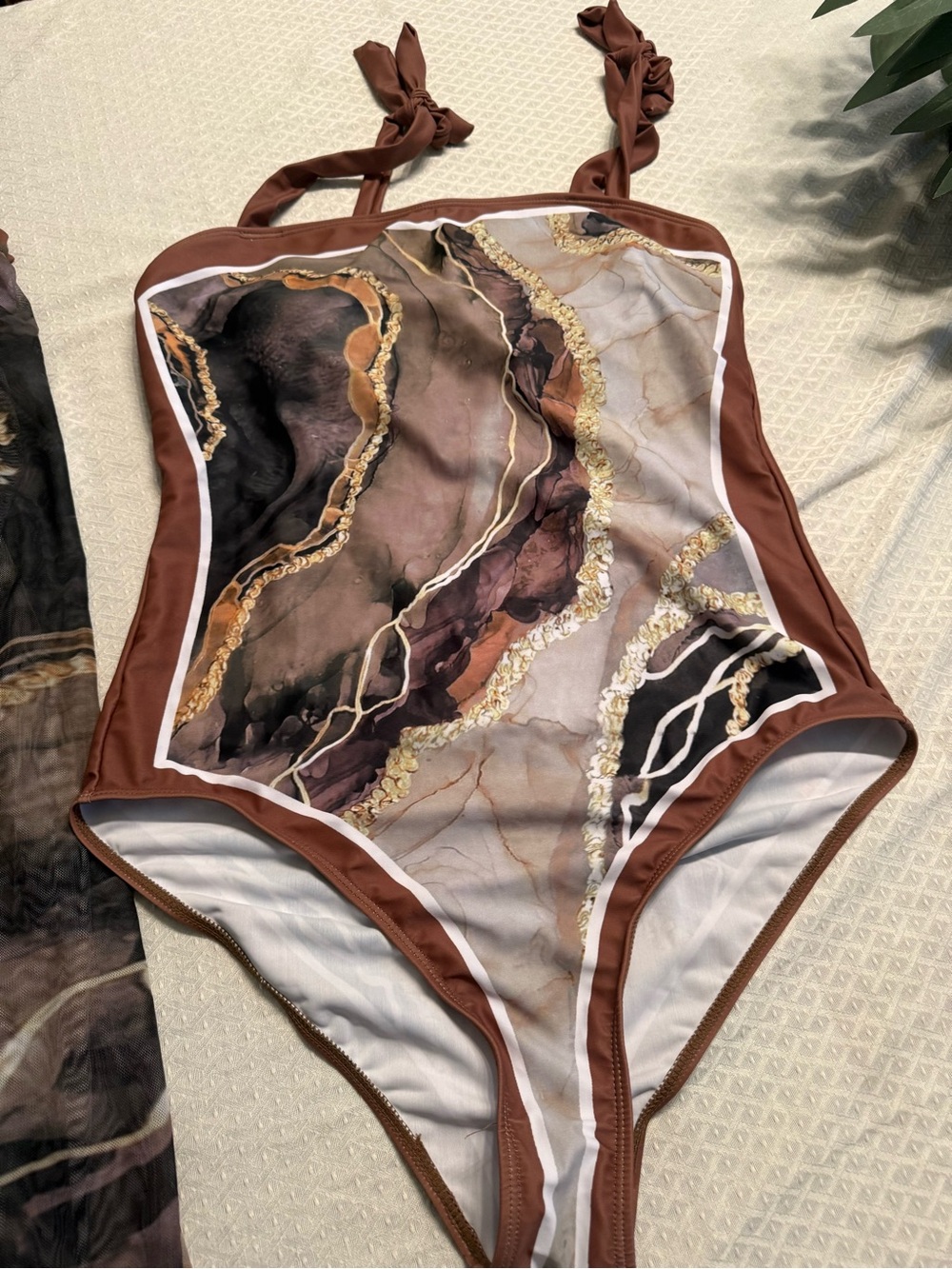 Brown Marble-Print One-Piece Swimsuit with matching skirt